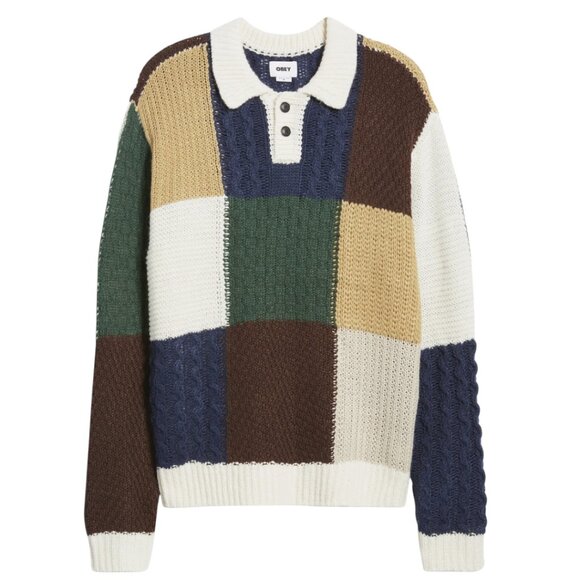Obey Oliver Multicolor Chunky knit Patchwork Polo Sweater Men's L - Picture 1 of 11